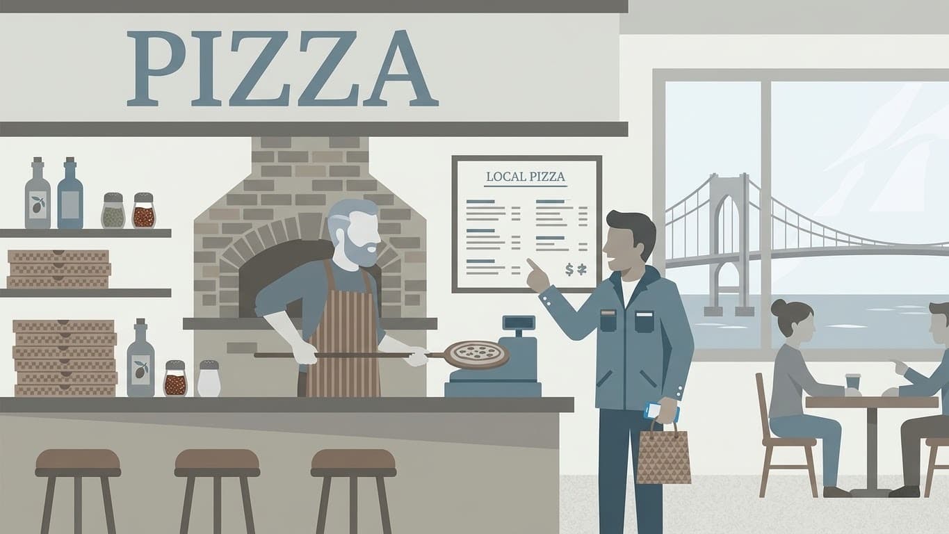 Rhode Island Business gathering around pizza